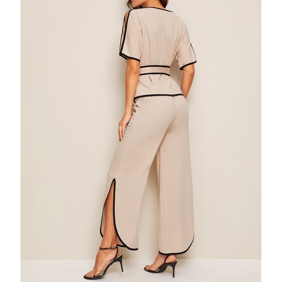 Nude Black Trim Belted Top Side Split Pants Set - Picture 2 of 6